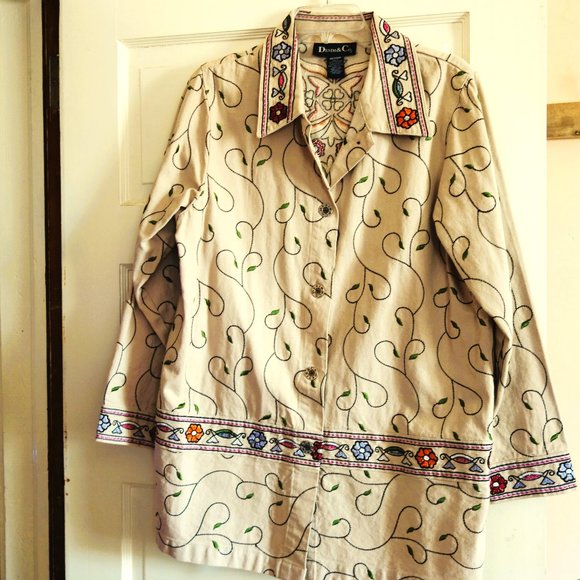 Denim & Co Tan Vine Embroidered Denim Jacket Size M - Picture 1 of 4